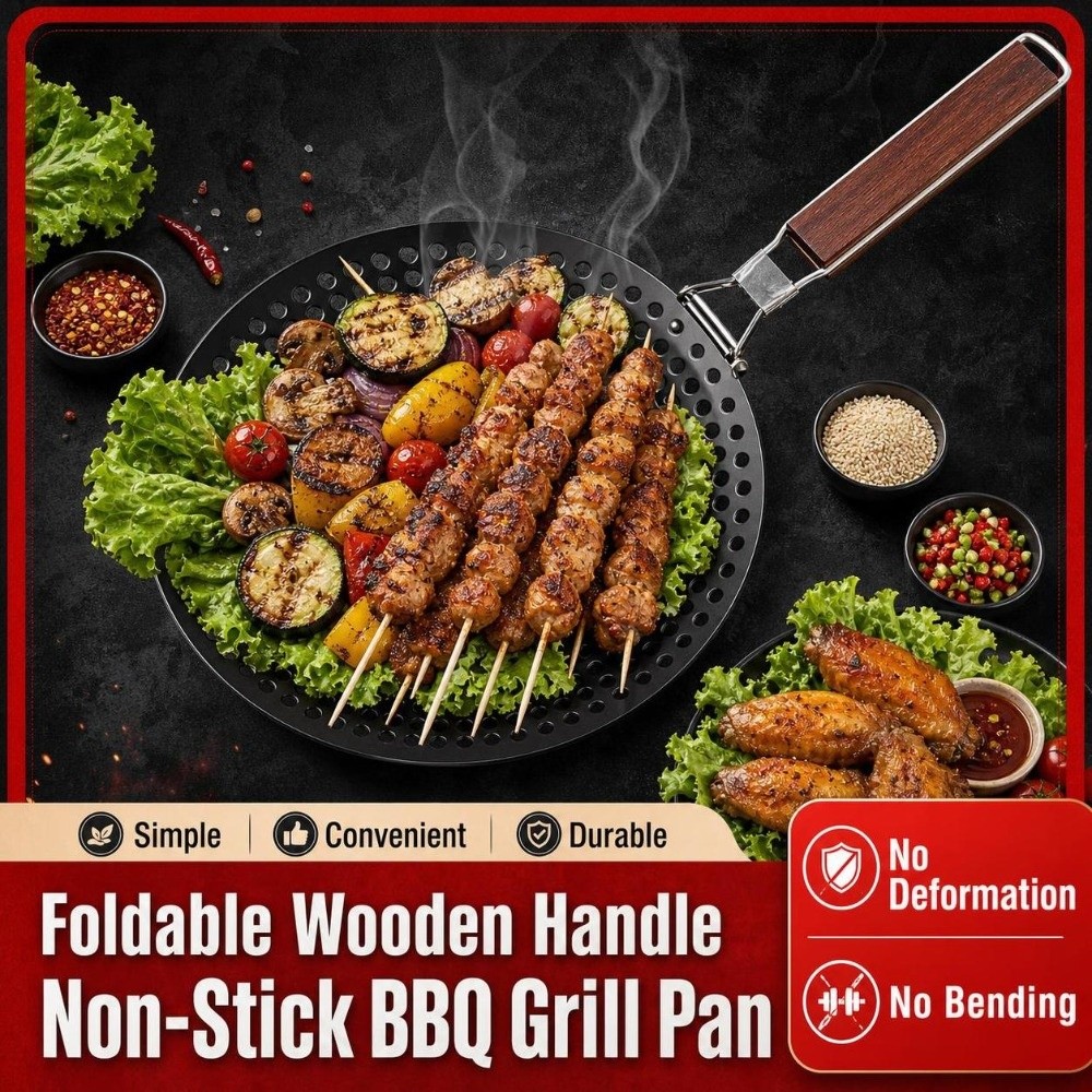 Outdoor Camping Grill - Opvouwbare non-stick grillpan met houten handvat,