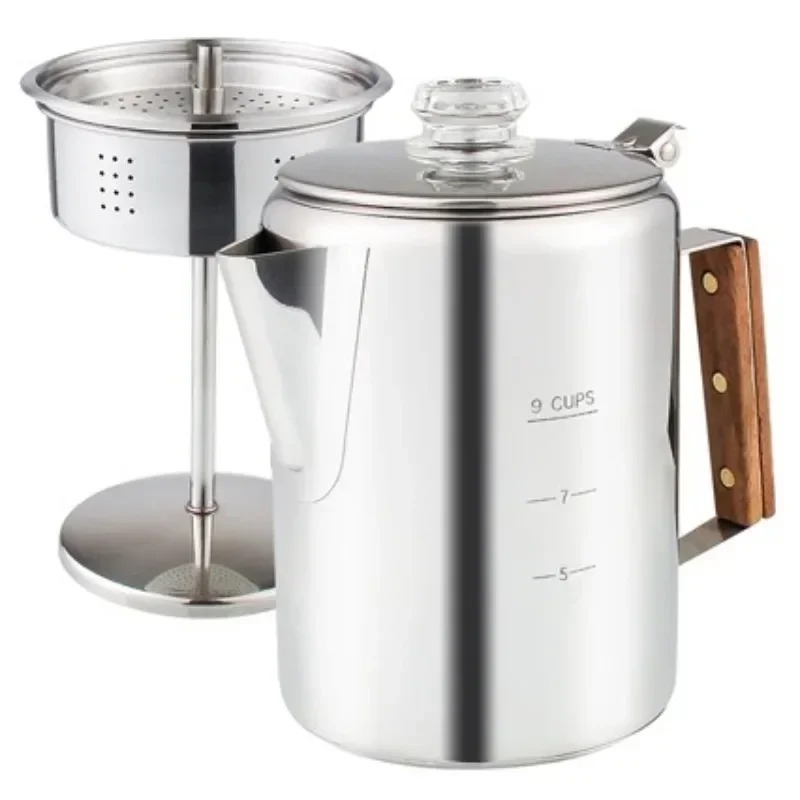 Camp Percolator Coffee - RVS Camping Koffiepercolator met houten handvat,