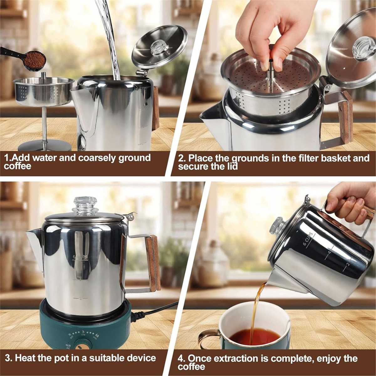 Camp Percolator Coffee - 6 kopjes percolator 304 roestvrijstalen koffiepot