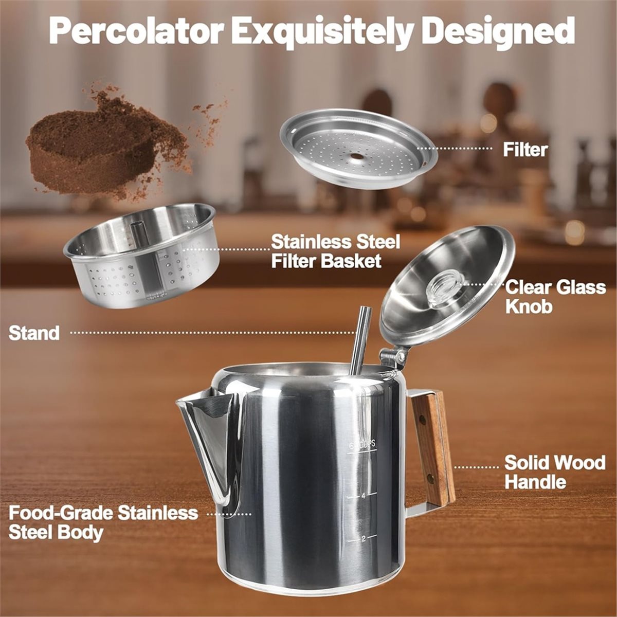 Camp Percolator Coffee - 6 kopjes percolator 304 roestvrijstalen koffiepot